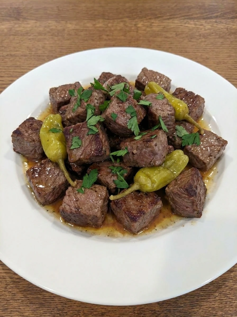 Plated Slow Cooker Mississippi Steak Bites with parsley and sauce.