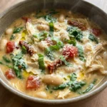 Slow Cooker Tuscan Chicken Soup with chicken, spinach, beans, tomatoes, Parmesan, and basil.