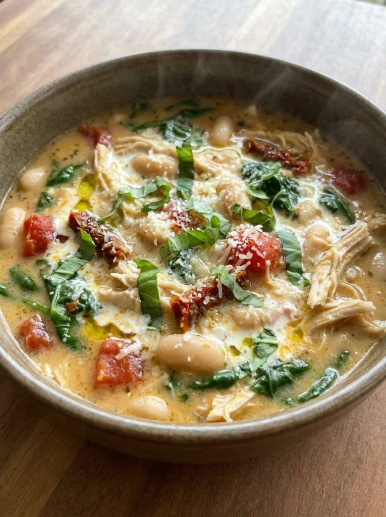 Slow Cooker Tuscan Chicken Soup with chicken, spinach, beans, tomatoes, Parmesan, and basil.