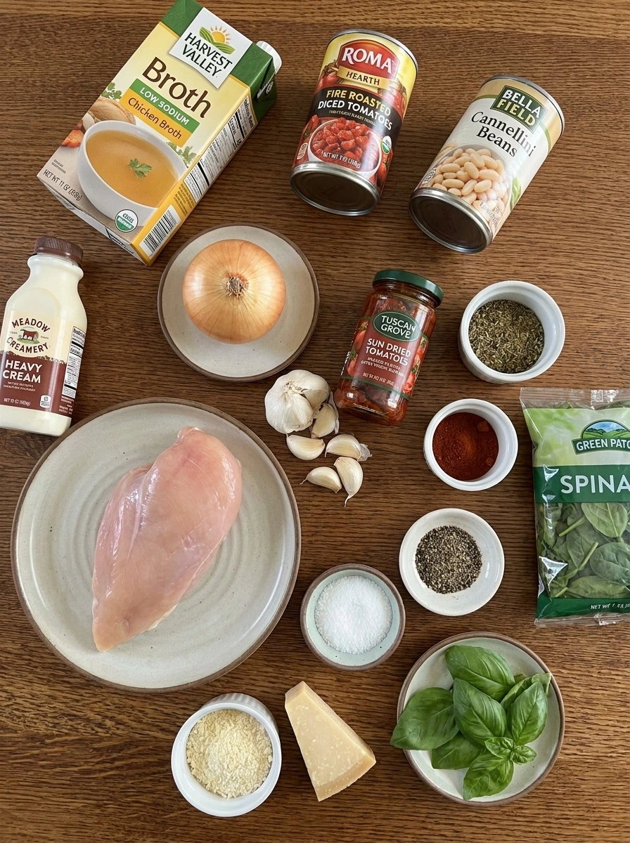 Ingredients for Slow Cooker Tuscan Chicken Soup arranged before cooking.
