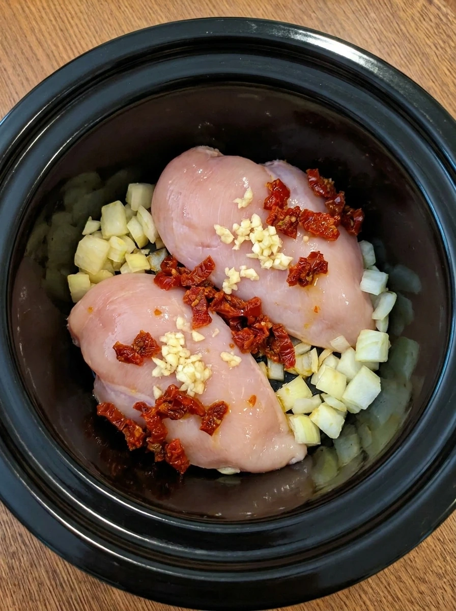 Chicken, onion, garlic, and sun dried tomatoes layered in a slow cooker.