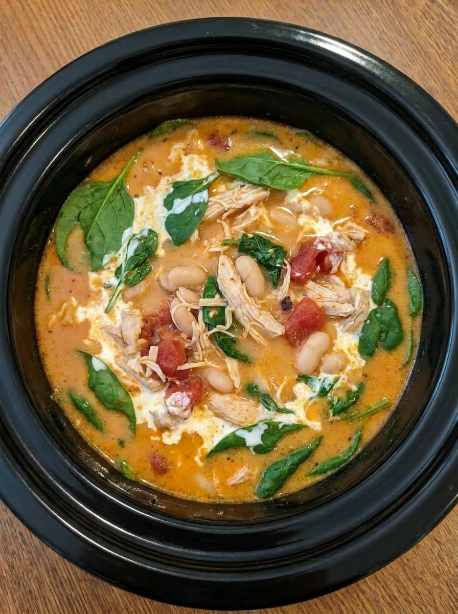 Cream and spinach stirred into Slow Cooker Tuscan Chicken Soup.