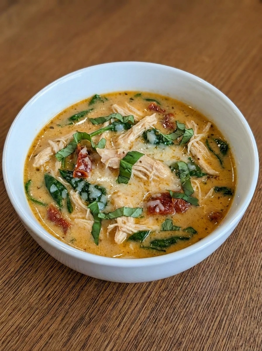 Served bowl of Slow Cooker Tuscan Chicken Soup with Parmesan and basil.