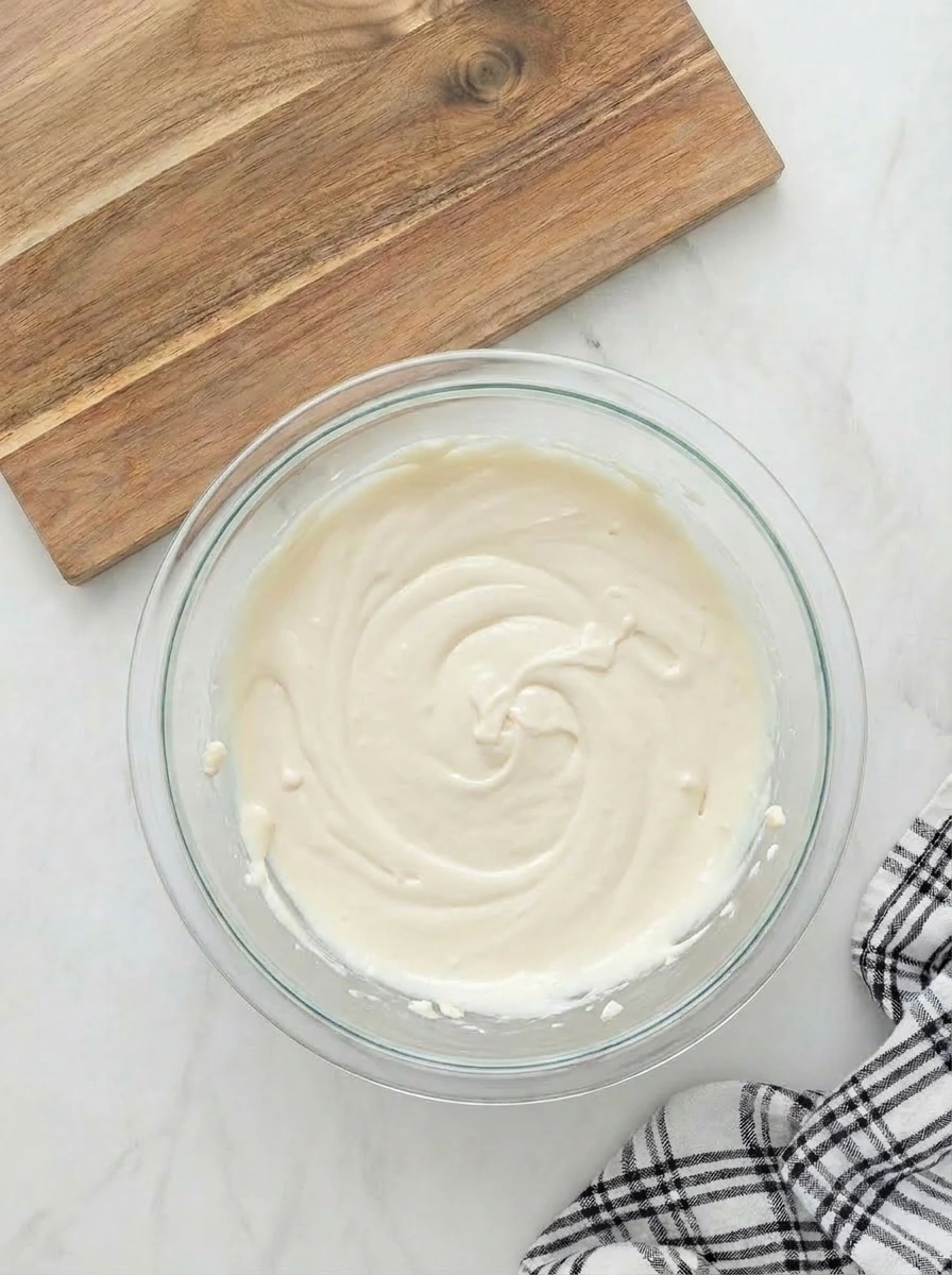 Smooth cheesecake filling mixed with cream cheese sour cream eggs vanilla and salt.