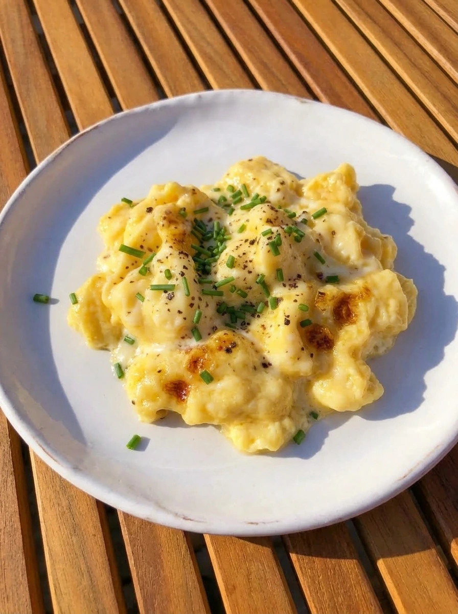 Soft Scrambled Eggs on a white ceramic coupe plate with glossy curds and chives