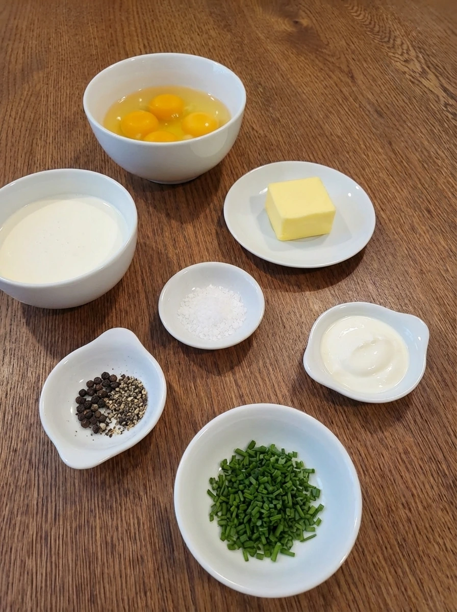 Ingredients for Soft Scrambled Eggs in separate small white containers