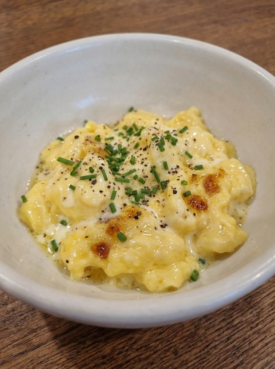 Finished Soft Scrambled Eggs with chives on a white dish