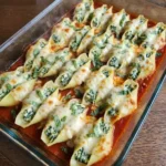 Spinach and Ricotta Stuffed Shells baked with marinara and melted cheese in a glass baking dish.