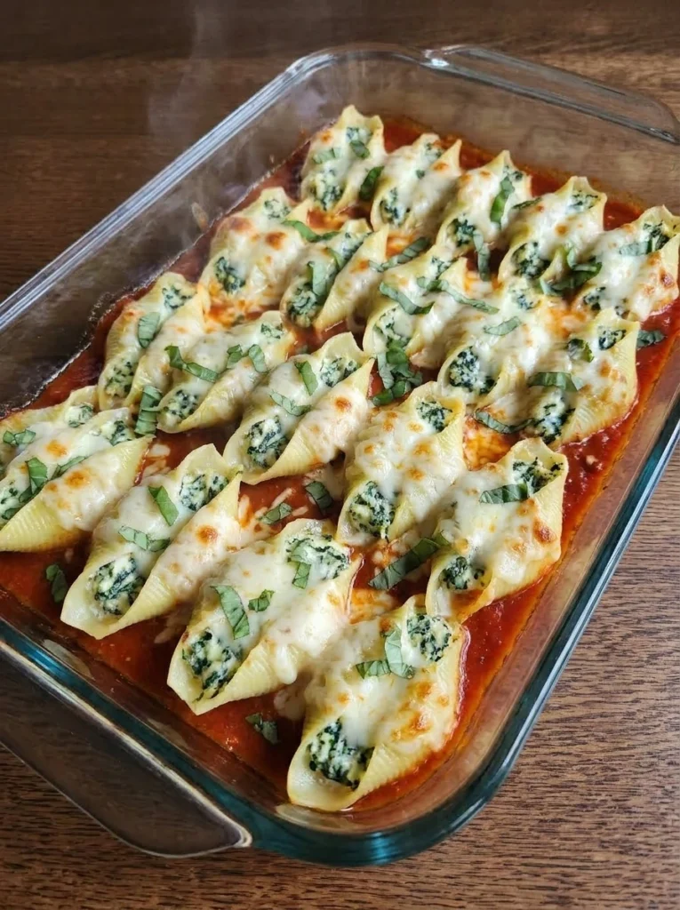 Spinach and Ricotta Stuffed Shells baked with marinara and melted cheese in a glass baking dish.