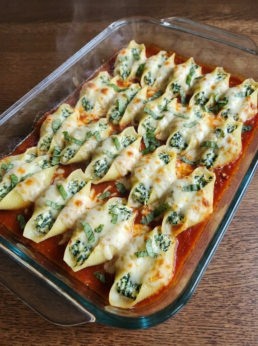 Spinach and Ricotta Stuffed Shells baked with marinara and melted cheese in a glass baking dish.