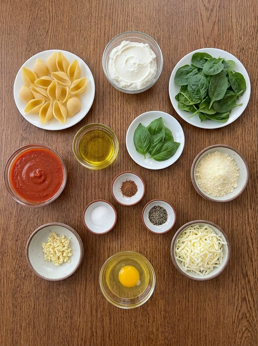 Raw ingredients for Spinach and Ricotta Stuffed Shells arranged in separate small containers.