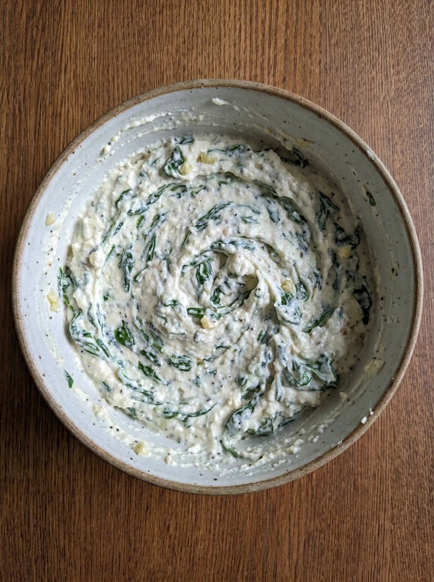 Ricotta filling mixed with wilted spinach and Parmesan for stuffed shells.