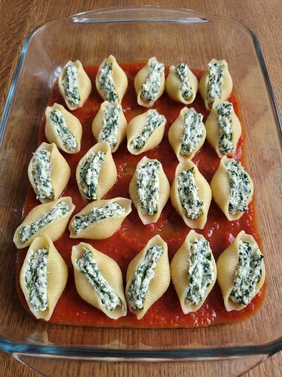 Stuffed shells arranged over marinara in a baking dish before baking.
