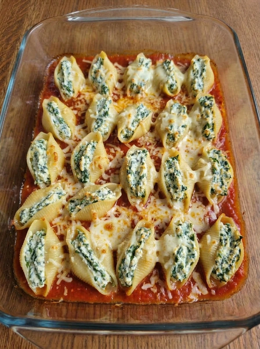 Stuffed shells baked with marinara and melted mozzarella until lightly browned.