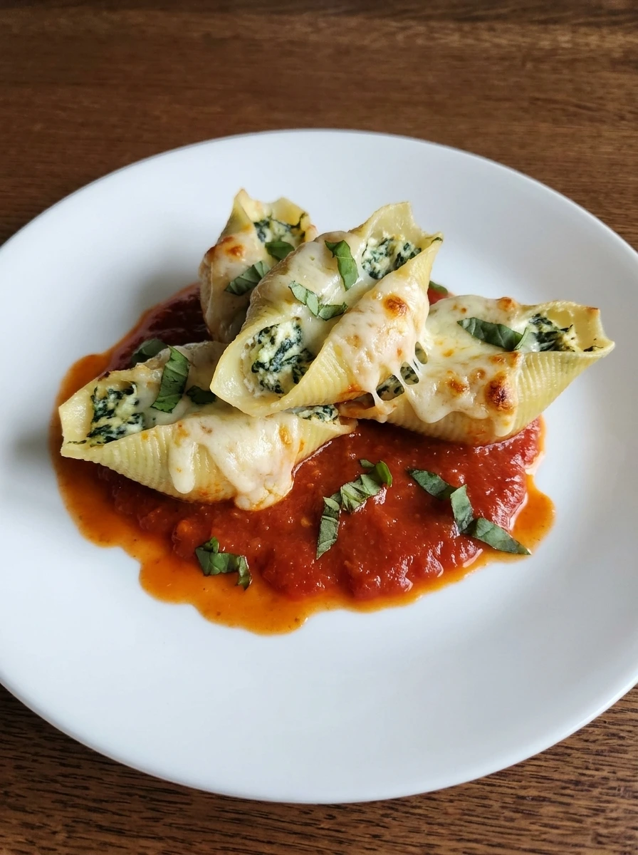 A plated serving of Spinach and Ricotta Stuffed Shells with sauce and basil.