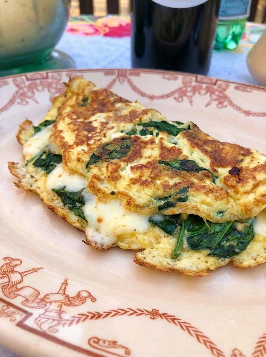 Spinach Cheese Omelette on a white ceramic coupe plate with melted cheese and browned edges
