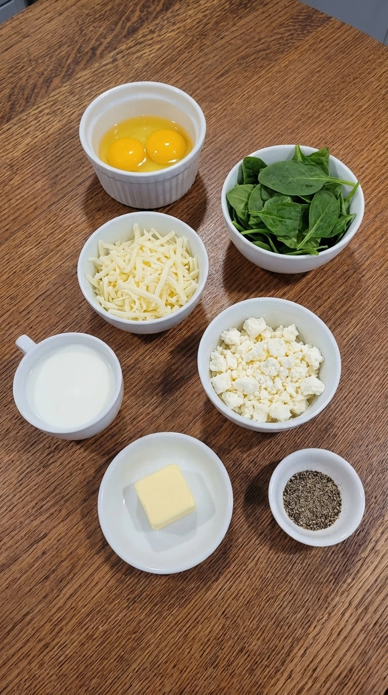 Ingredients for Spinach Cheese Omelette in separate small white containers