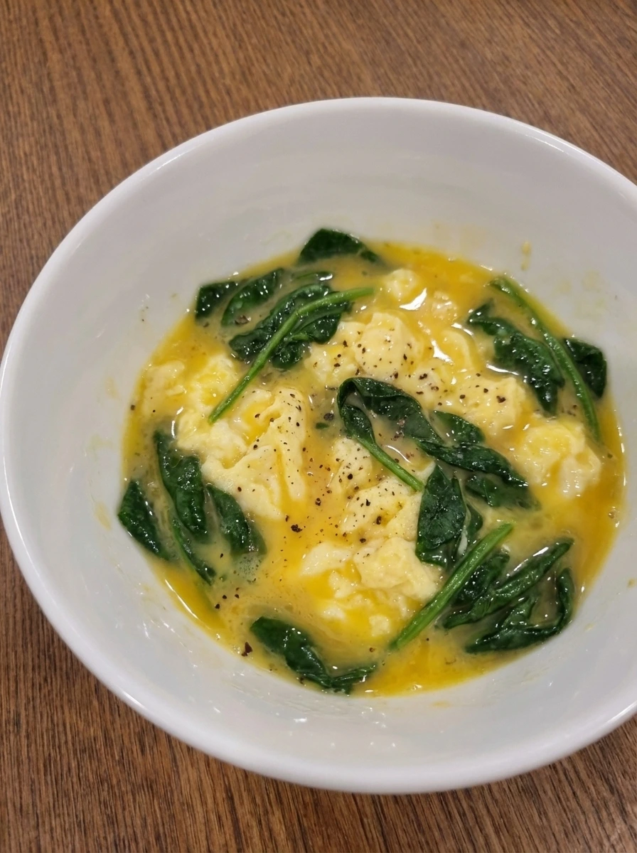 Eggs beginning to set around spinach for Spinach Cheese Omelette