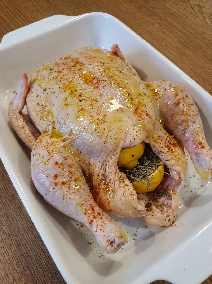 Whole chicken coated with oil and seasonings in a white dish