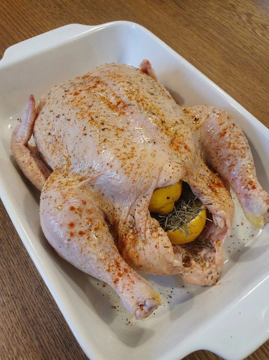 Seasoned chicken with drier tighter skin in a white dish