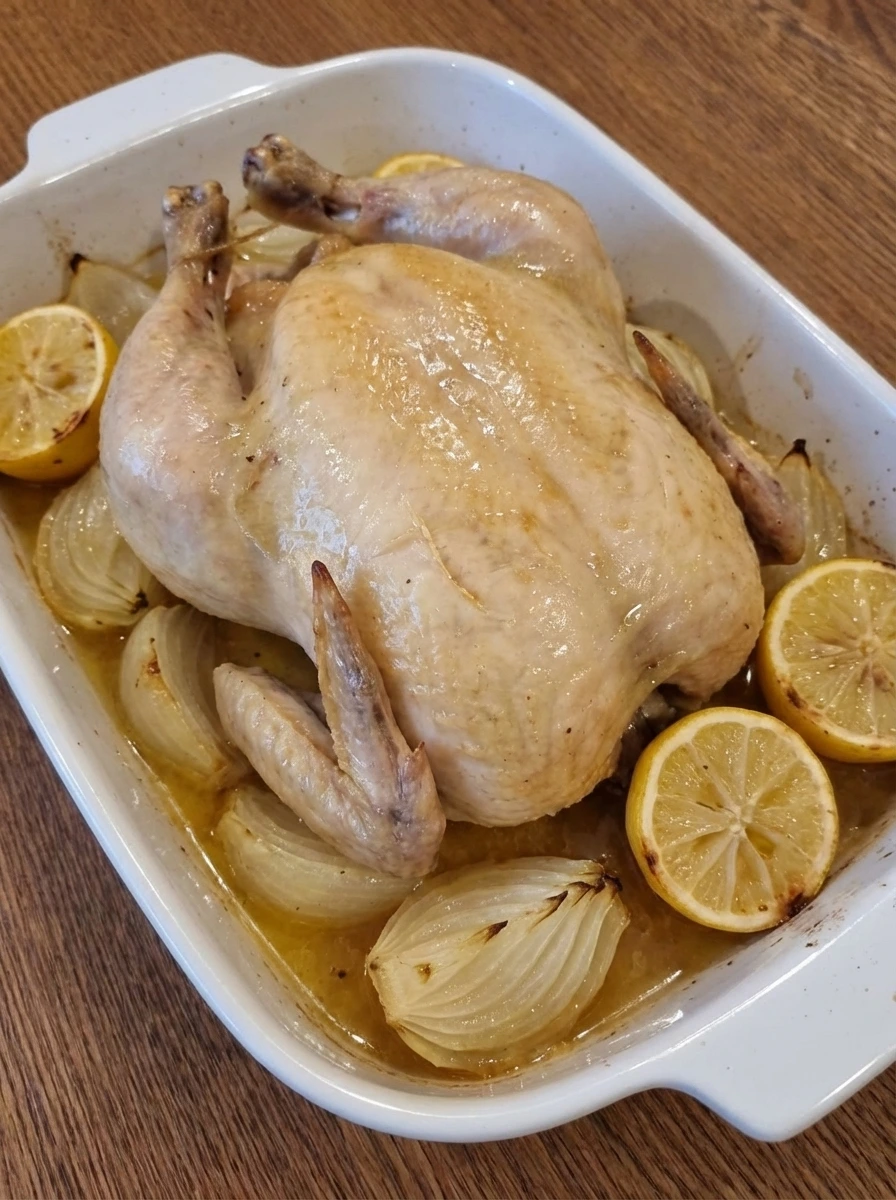Roast chicken with pale golden skin and softened onions in a white dish