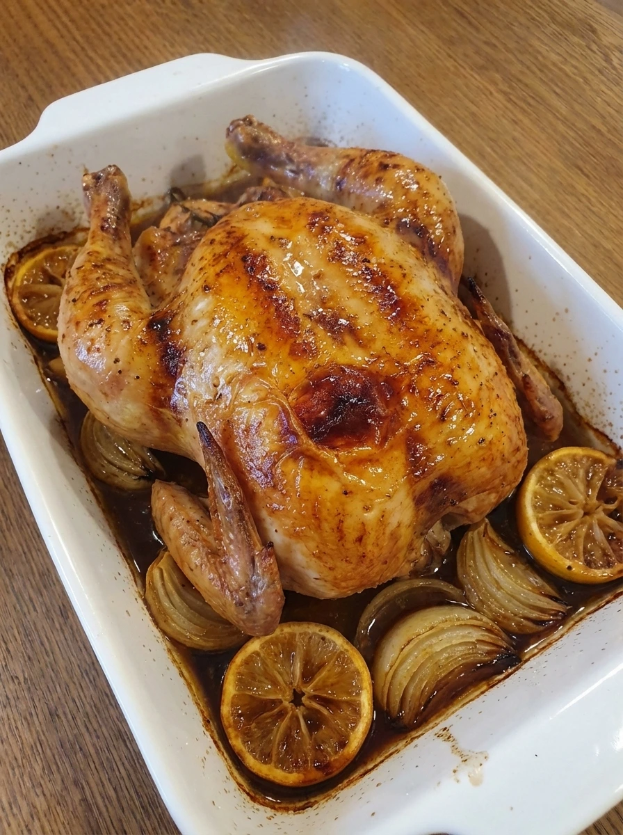 Roast chicken with blistered deep golden skin in a white dish