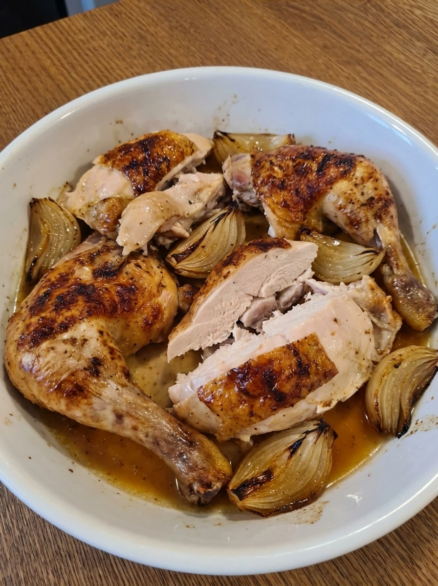 Carved roast chicken pieces with crispy skin in a white dish
