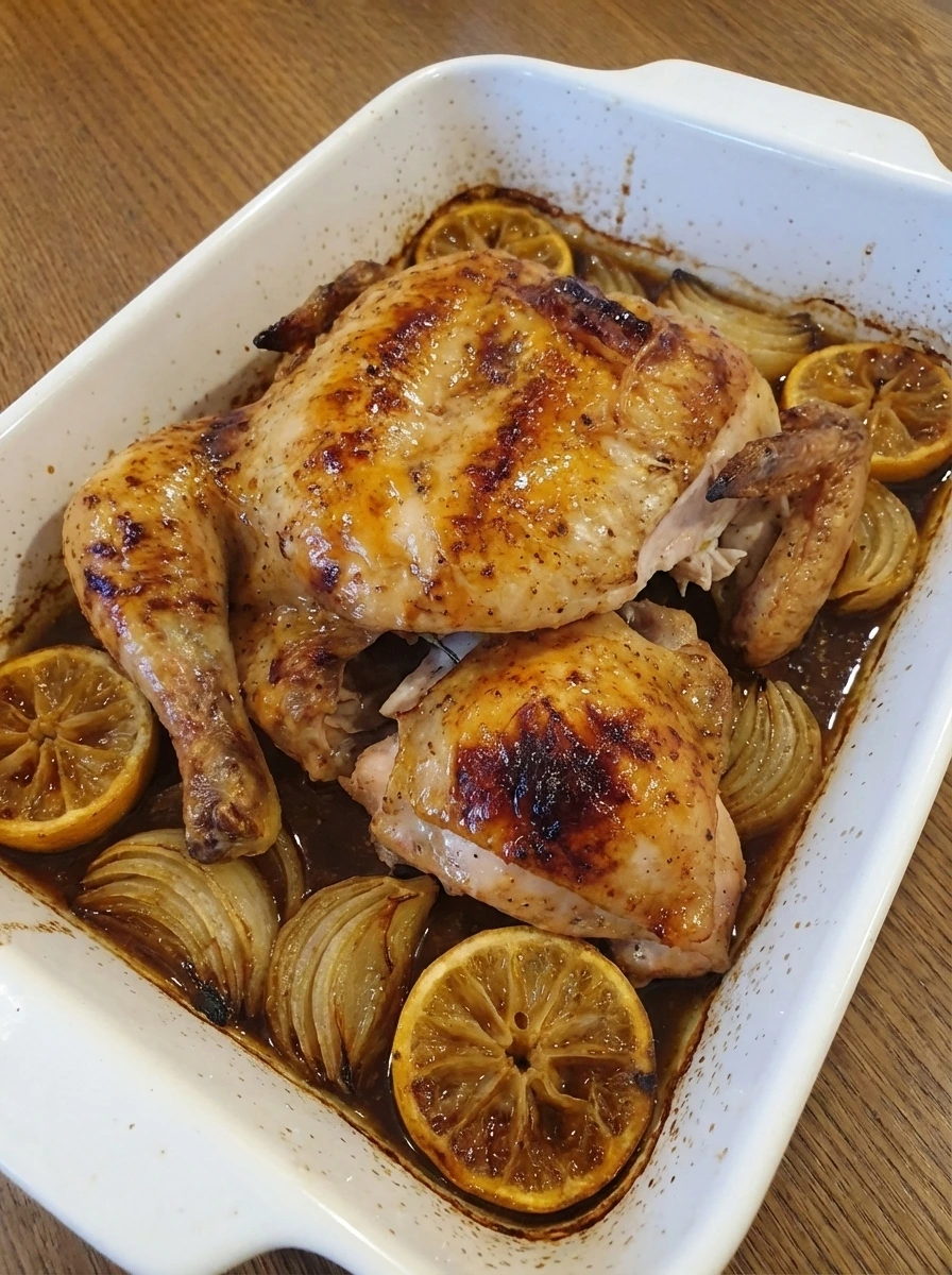 Plated roast chicken with crispy skin onions and roasted lemon on a white dish