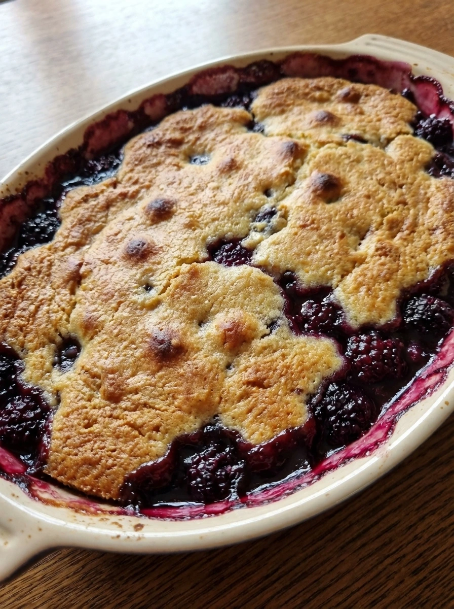 golden crust on blackberry cobbler