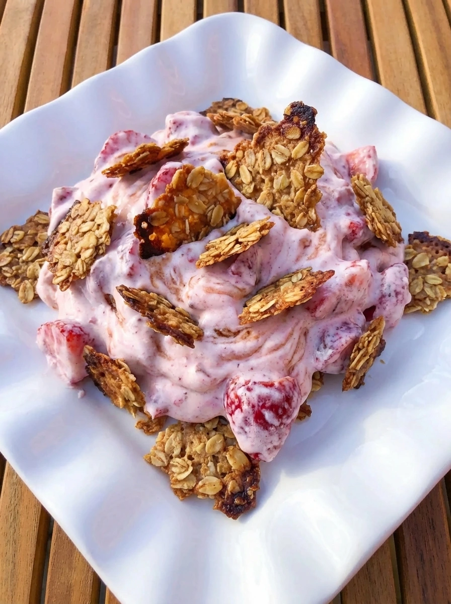 Strawberry Crackle Salad on a white scalloped ceramic plate with creamy berries and golden crackle topping