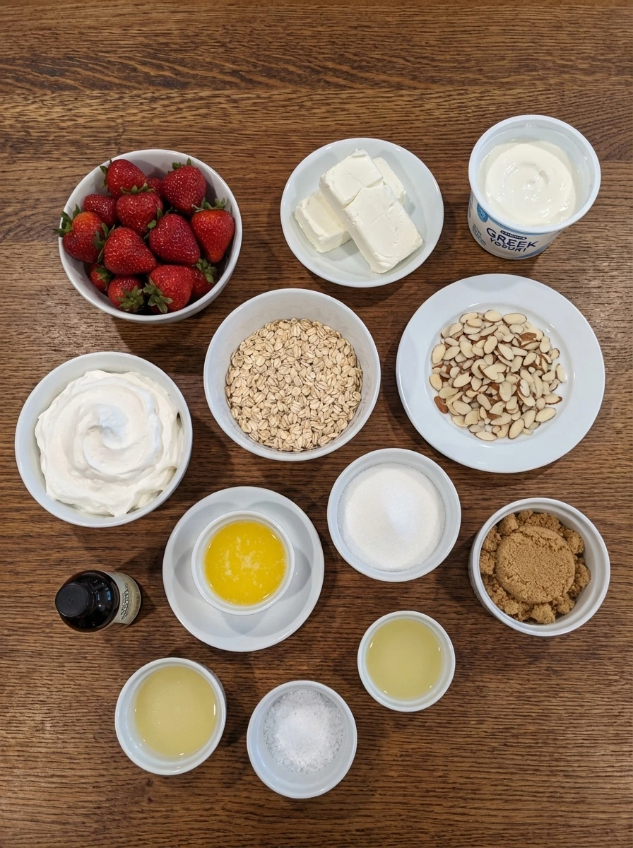 Raw ingredients for Strawberry Crackle Salad in separate small white containers