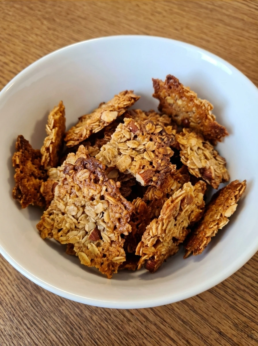 Golden crisp oat almond crackle baked into irregular shards in a white dish