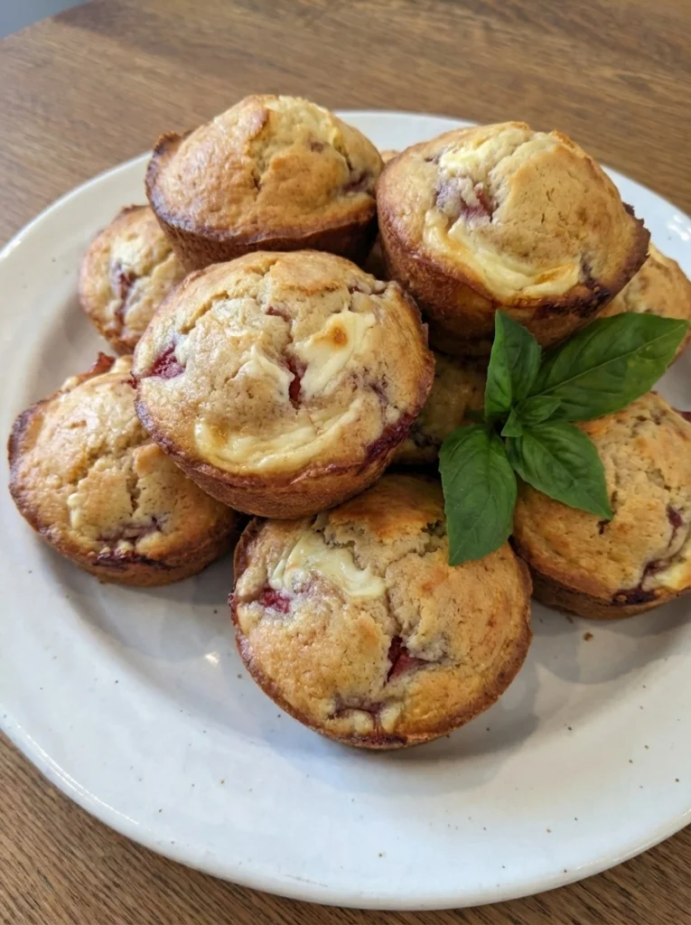 Strawberry Cream Cheese Muffins on a rustic round white ceramic plate with golden tops and creamy swirls