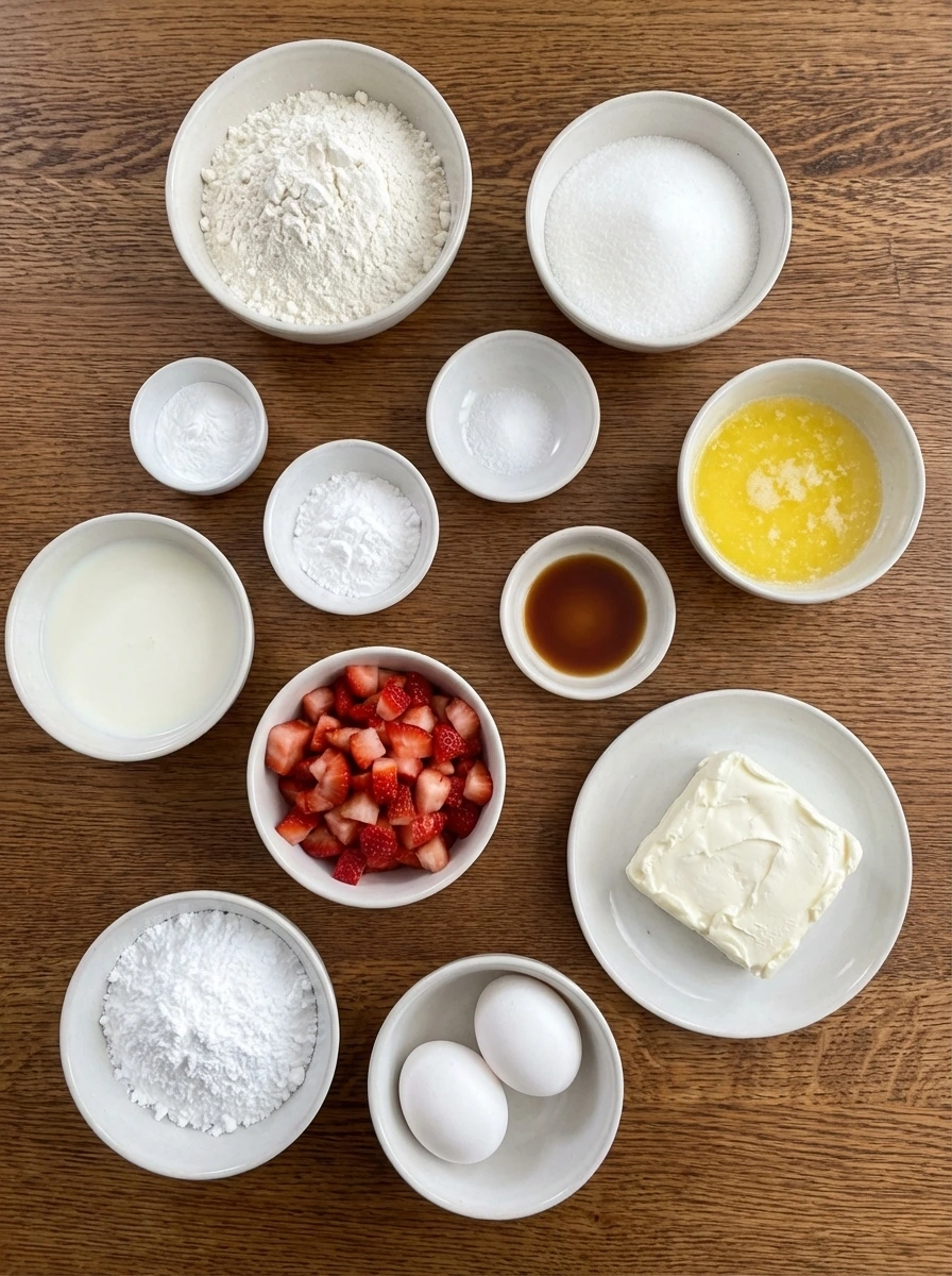 Ingredients for Strawberry Cream Cheese Muffins in separate small white containers