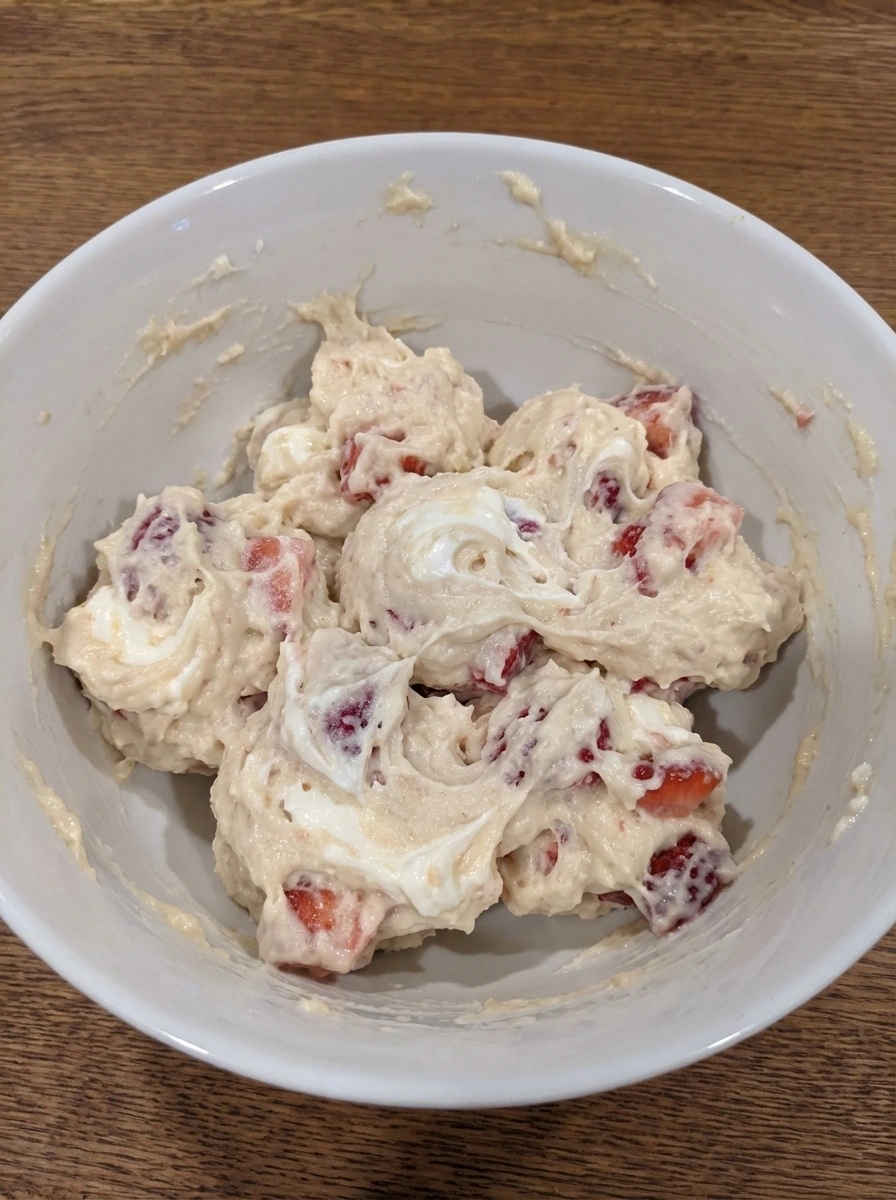Unbaked Strawberry Cream Cheese Muffins with visible cream cheese swirls