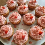 Strawberry Crunch Cupcakes on a round white ceramic cake plate with pink frosting and uneven strawberry crunch topping