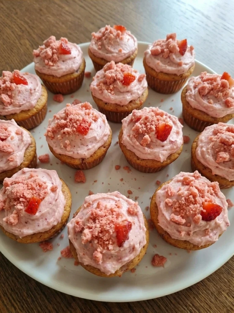 Strawberry Crunch Cupcakes on a round white ceramic cake plate with pink frosting and uneven strawberry crunch topping