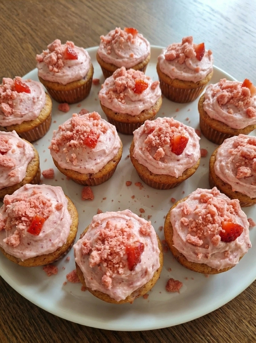Strawberry Crunch Cupcakes on a round white ceramic cake plate with pink frosting and uneven strawberry crunch topping