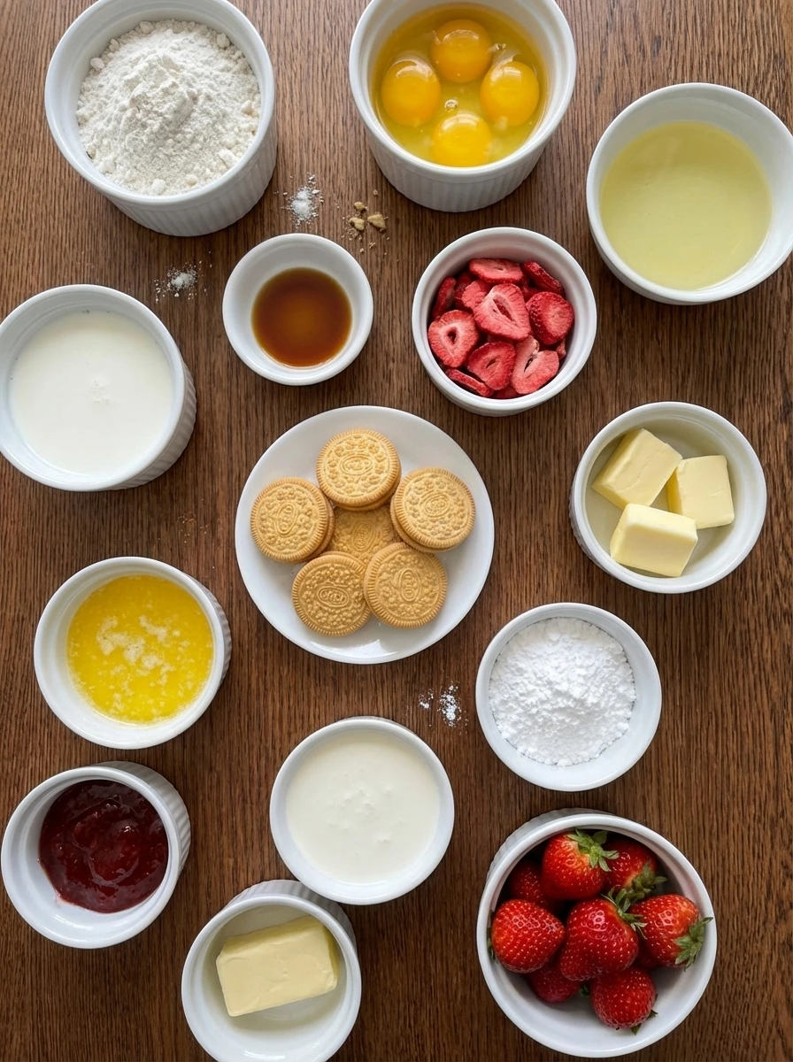 Ingredients for Strawberry Crunch Cupcakes in separate small white containers