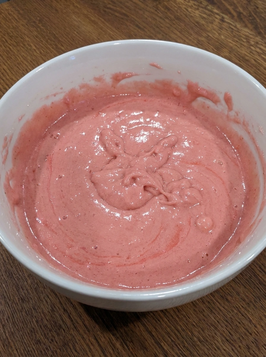 Pink cupcake batter partially aerated in a white dish