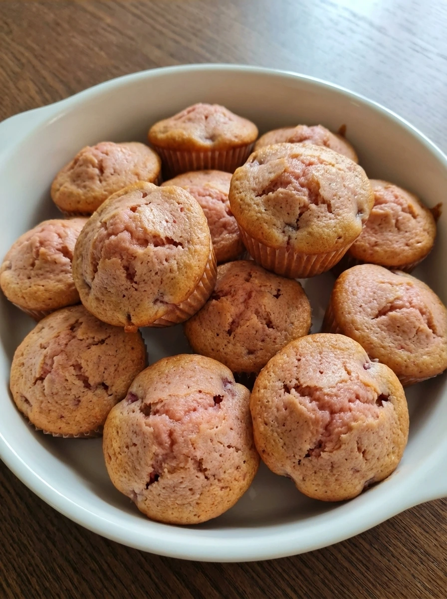 Baked strawberry cupcakes with lightly golden edges in a white dish
