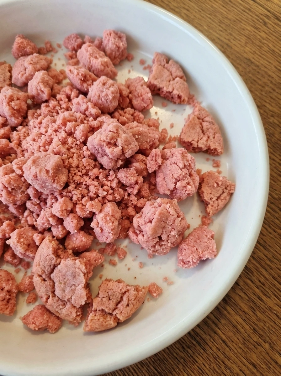 Buttery strawberry cookie crumble in a white dish