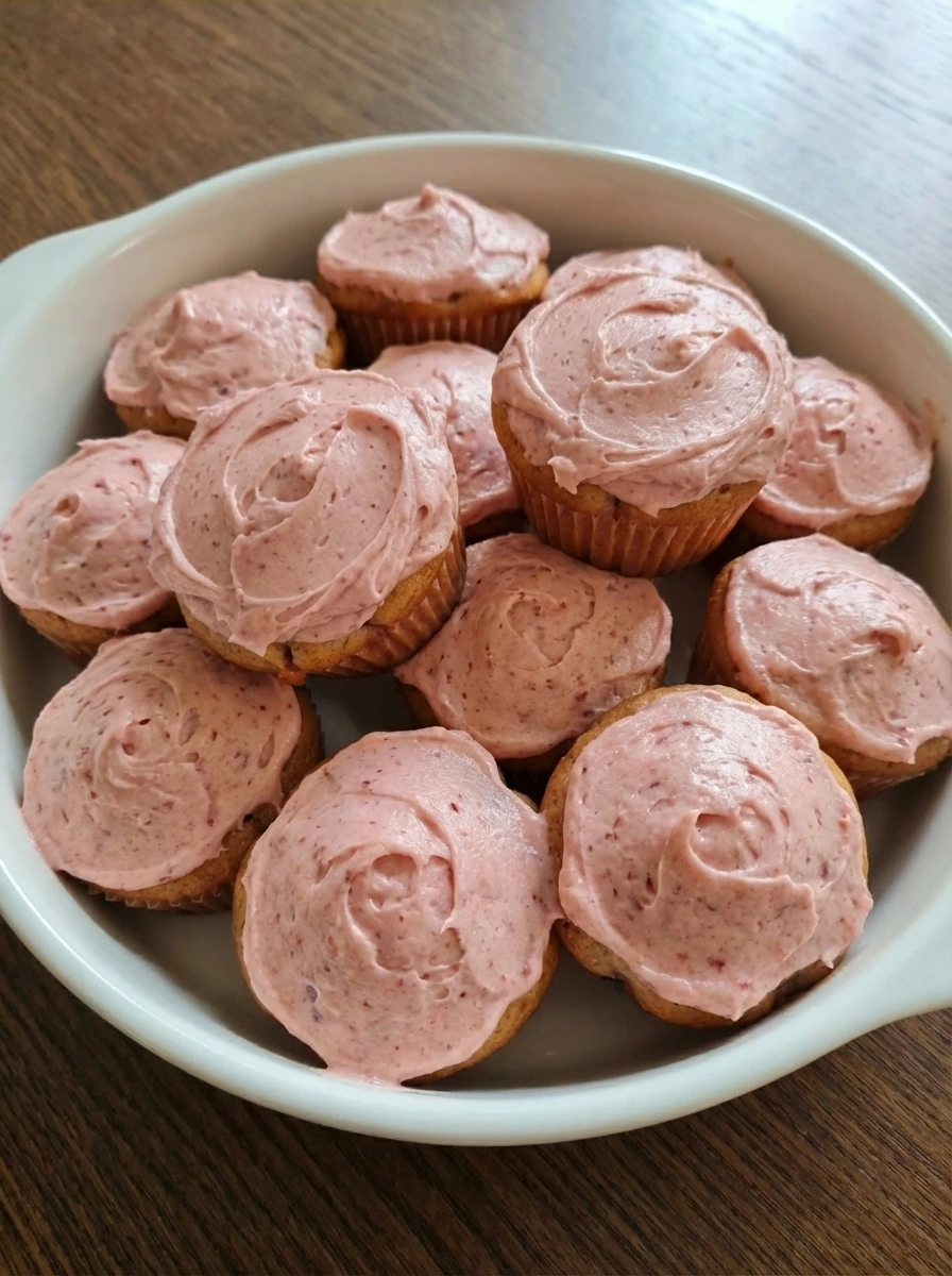 Frosted strawberry cupcakes with uneven pink swirls in a white dish