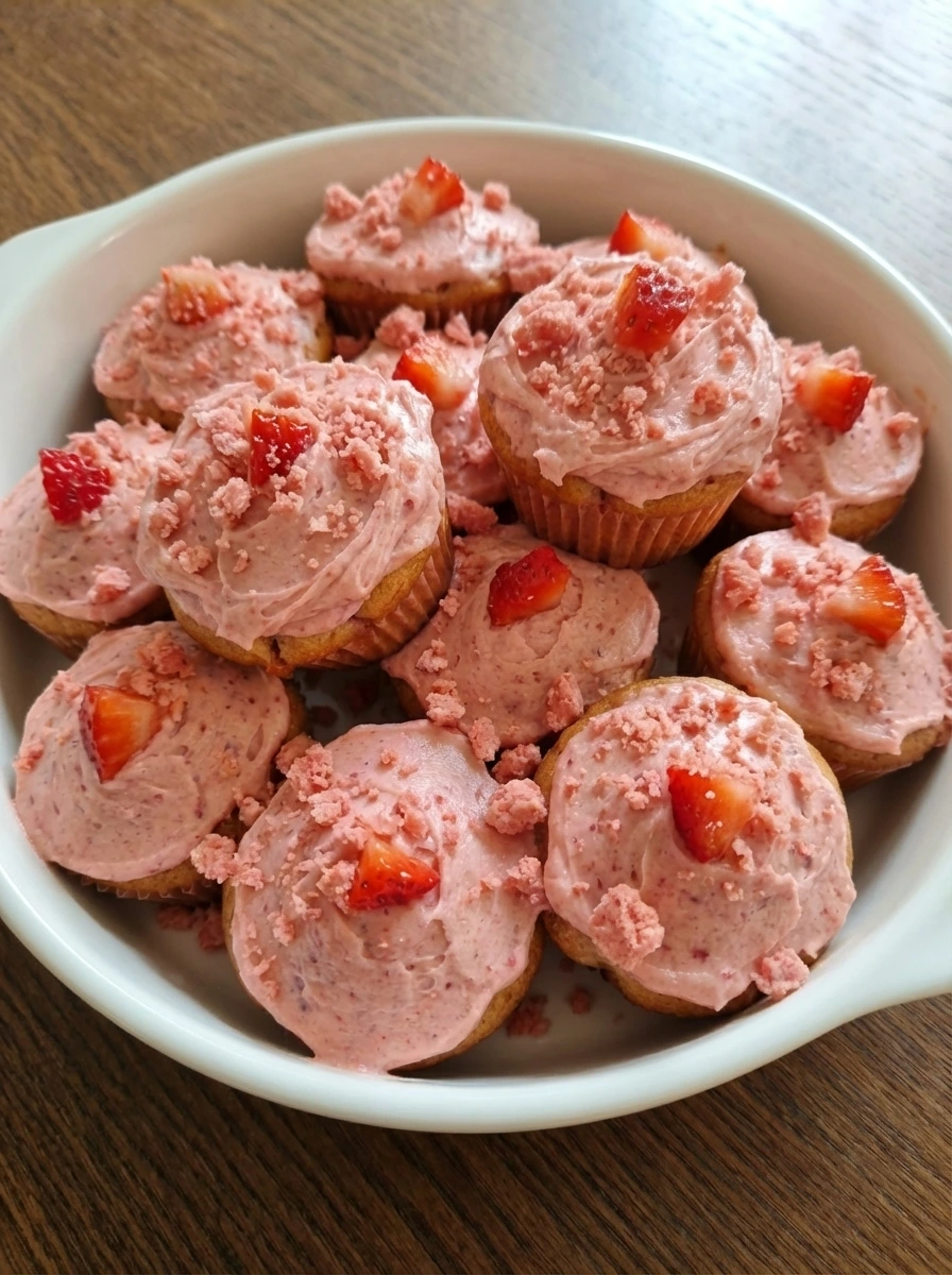 Finished Strawberry Crunch Cupcakes with uneven crumble topping on a white dish