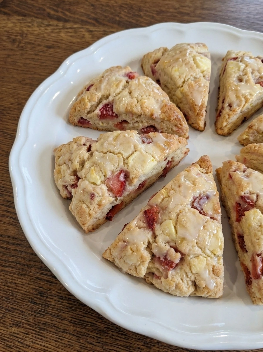 Strawberry Lemon Cream Scones on a white scalloped ceramic plate with golden tops and lemon glaze