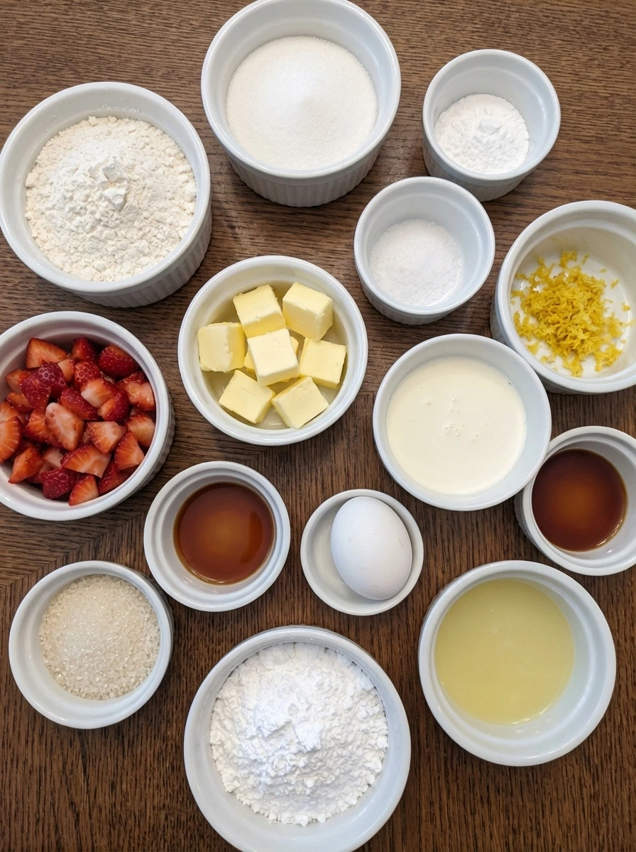 Raw ingredients for Strawberry Lemon Cream Scones in separate small white containers