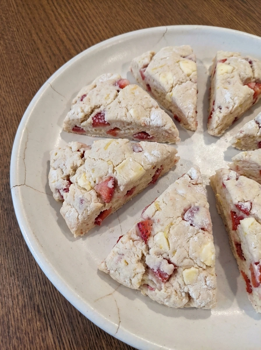 Rustic unbaked strawberry lemon scone wedges on a white dish