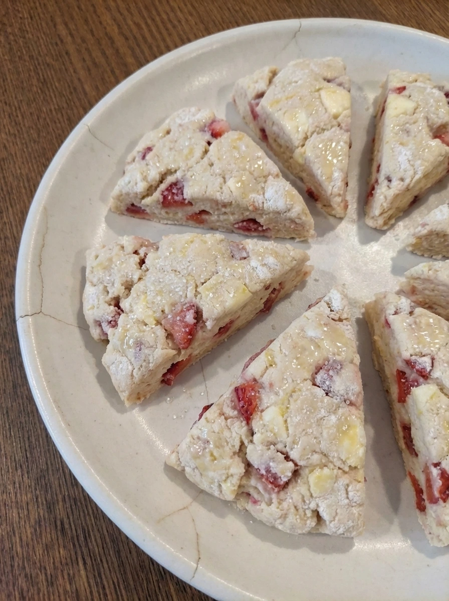 Unbaked scones brushed with cream and sprinkled with sugar