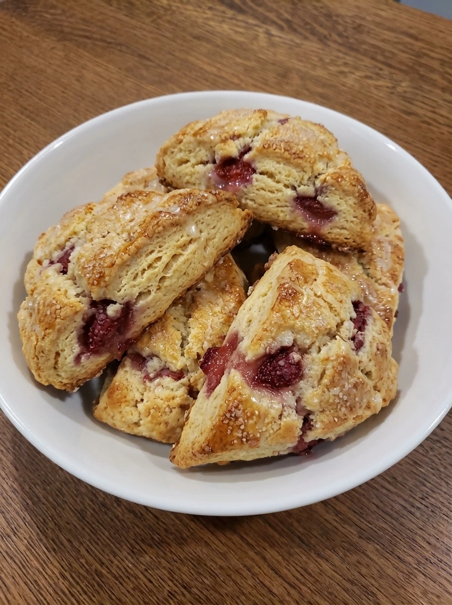 Baked strawberry lemon scones with golden tops and red berry pockets