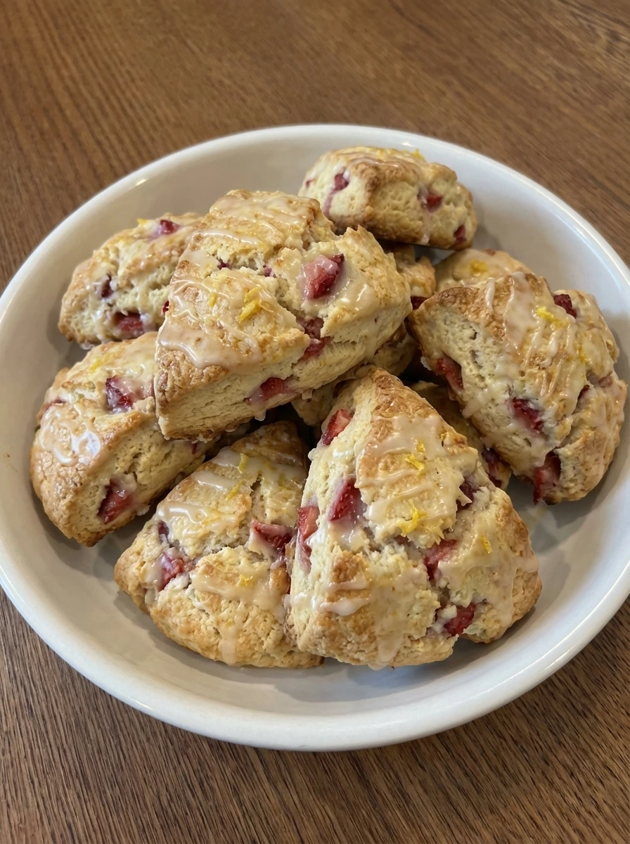 Finished Strawberry Lemon Cream Scones with lemon glaze on a white dish